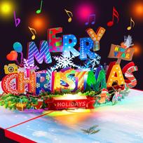 Merry Christmas 3D Pop-Up Musical Card (with Lights Music) Plays song Unique holiday greeting friends family loved ones Festive decoration blue
