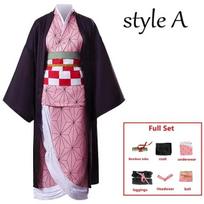 Anime Kamado Nezuko Cosplay Kostiumas Cosplay Uniforma Drabužiai Kimono Perukas Rekvizitų Rinkinys Helovino Kostiumas Suaugusiems kid120CM ruda
