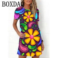 2023 Nauja Vasarinė Moteriška Suknelė Retro Hippie 60-ųjų Vintage Gėlių Galia Laisva A linijos Suknelė Laisvalaikio Oversize Moteriška 3D Spausdinimo Mini Suknelė S blue