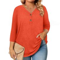 3/4 Length Sleeve Womens Tops Plus Size Button Down V Neck Shirts Blouses Casual Solid Color Loose XL cinoberis