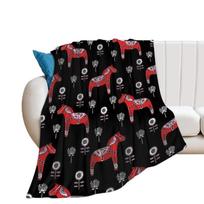 Flanelinis Fleece pledas sofai, gėlių Švedijos Dala arkliukai, lengvas pliušinis, minkštas, jaukus pledas, lovai, sofai 75x90cm
