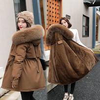 Moteriška žieminė striukė su gobtuvu storu dirbtiniu kailiu paminkštintas parkas Moteriškas, nuimamas didelio dydžio paltas S kava