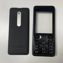 Korpusas Nokia 301 dviejų SIM kortelių mobiliajam telefonui, dėklas su anglišku klaviatūros pakeitimo dalimis Dual card Black black
