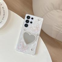 Epoxy Rhinestone Heart Mirror Phone Case for Samsung S25 Ultra, S24 Plus, Butterfly A16 Samsung A23 (Thicker Case) white