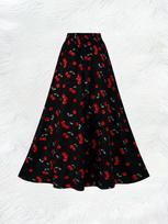 Juodas midi sijonas su raudonų vyšnių raštu moterims Atostogų stiliaus Elegantiškas A formos sijonas Vasaros laisvalaikio biuro drabužis Aukštas juosmuo Tampri XL red