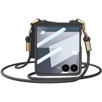 Crossbody Dirželis-Dirželis Telefono Dėklas Su Įmontuotu Ekrano Apsauginiu Stiklu Skirtas Samsung Galaxy Z Flip8 Flip7 Flip 8 7 Kietas PC Korpuso Dangtelis Galaxy Z Flip7 juoda