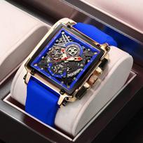 Tuščiaviduriai kvadratiniai vyriški laikrodžiai Chronograph LIGE prabangūs automatiniai pasimatymų vyriški laikrodžiai vandeniui atsparūs vyriški rankiniai laikrodžiai auksas/mėlyna