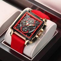 Tuščiaviduriai kvadratiniai vyriški laikrodžiai Chronograph LIGE prabangūs automatiniai pasimatymų vyriški laikrodžiai vandeniui atsparūs vyriški rankiniai laikrodžiai auksas/raudona