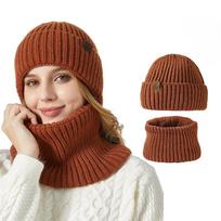 Megzta kepurė ir šalikas, unisex, žieminis, pastorintas, ausų apsauga, šilta kepurė, dviejų dalių komplektas M（56-58cm） ruda