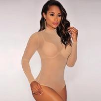 Golfo apykaklė ilgomis rankovėmis, permatomi juodi moteriški bodžiai naktiniam klubui, vakarėliui, seksualiems romperiams, viršutiniams drabužiams, apatiniams. S beige