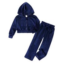 1-14 m. Vaikams Mergaitėms Velvetiniai Sportiniai Kostiumai Vaikams Žiemai Rudeniui Stori Fleece Patogūs Su Gobtuvu Liemenė + Treninginės Kelnės Rinkinukai 120cm tamsiai mėlyna spalva