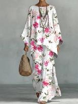 Y116 Summer Loose Bat-Sleeve Top Wide-Leg Pants Two-Piece Women's European and American Fashion Set XL beige
