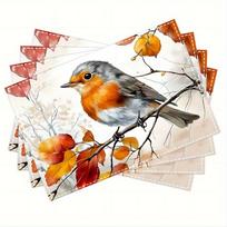 4pc s Autumn Robin Placemats  Cute Bird on Fall Leaves, Polyester Fabric, Heat-Resistant & Machine Washable, Ideal for Dining 4PCS gray
