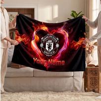 Manchester United Personalized Fleece Blanket With Football Logo, Custom Name Text Soft Warm Home Throw Blanket 130cmx150cm