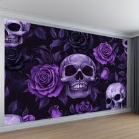 1. Gotikinio stiliaus tapetai su juodu fonu, kuriuose pavaizduotos violetinės rožės ir kaukolės raštai. Pagaminta iš poliesterio medžiagos. yzb 118×59inch/300*150cm