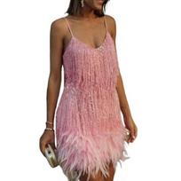 Moteriška suknelė su kutu blizgučiu su V kaklu be rankovių be nugarų su plunksnomis dekoruotas laisvas Rumba Cha-cha šokių kostiumas, mini klubo vakarėlio suknelė M rožinė