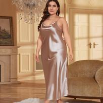 Moteriški chalatai naktiniai marškiniai šilko satino moteriška vienspalvė miegamoji suknelė vasarinė 1-5XL XXXL beige
