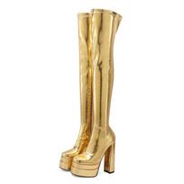 Moteriški itin aukštakulniai virš kelių batai Auksiniai Sidabriniai Storas Platforminis Chunky Gotiški Ilgi Batai Metaliniai Žali Fuksijos Spalvos Batai 39 beige