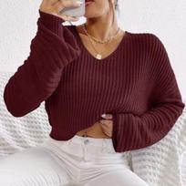 Autumn New Solid V-neck Pullover Knitted Sweater for Women Winter Lantern Long Sleeve Vintage Female Sweaters Casual Loose Office Lady Knitwear 25110 S bordinė