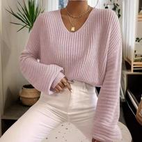 Autumn New Solid V-neck Pullover Knitted Sweater for Women Winter Lantern Long Sleeve Vintage Female Sweaters Casual Loose Office Lady Knitwear 25110 XL rožinė