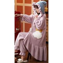 Animacinis storas kimono chalatas moterims, chalatas, pižama, chalatai su gobtuvu, koralinio fliso naktiniai drabužiai, žieminiai paltai namams M brown