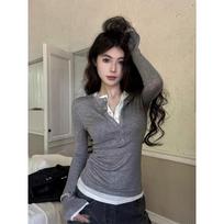 Female Tees Patchwork Black White Button Neck Long Sleeve Girls Casual T-shirts For Women XL