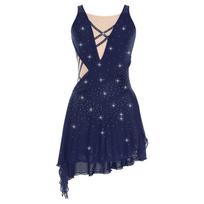 Moteriška sceninio šokio suknelė – cirkoniais puoštos petnešėlės, nugarėlė be nugaros, šoniniai skeltukai, laisvai krintantis asimetriškas apačia su įmontuotomis tarpkojo spaudėmis. M tamsiai mėlyna spalva