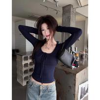Spicy Girl Lace-up Long Sleeve Slimming Ribbed T-shirt – Autumn/Winter Trendy Top L mėlyna