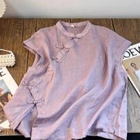 Women Light Purple Mandarin Collar Frog Button Sleeveless Linen Qipao Style Blouse XL violetinė