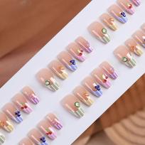 Cute 3D Fruit French Tip Almond Press On Nails, Color Stripe Nude Reusable False Nail Kit with Adhesive Tabs Nail File 30pcs/box beige