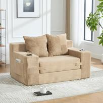 Moderni dvigulė sofa-lova, patogi sofa iš kašmyro, su dviem pagalvėmis ir puodelio laikikliu, taip pat su stilingu pufuku su šonine daiktadėže. chaki