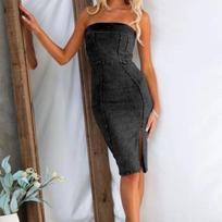 IHUASU Summer Spring Women's Boobs Sexy Spice Patchwork Slim Sleeveless One Shoulder Denim Dress S juoda