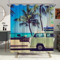 Vintažinės Vasaros Atostogos Retro Autobusas Kemperis Dušo Užuolaidos Banglentė Palmių Medis Vonios Kambario Namų Dekoras Vonių Užuolaida Su Kabliukais 35x70in-90x180cm