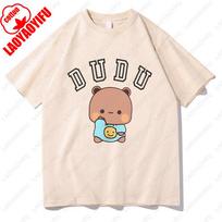 Kawaii Bubu Dudu Panda Lokas Grafiniai Marškinėliai Vasariniai Moteriški/Vyriški Medvilniniai T-shirtai Animacinis Mielas Spausdinimas Poros Marškinėliai Laisvalaikio Mergaičių Viršutiniai Drabužiai L beige