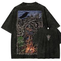 Dark Souls Bonfire Knight Vintažiniai skalbti marškinėliai, Unisex Soulsborne žaidimų gerbėjų gatvės stiliaus marškinėliai, 100% medvilnės laisvalaikio trumpomis rankovėmis viršus L gray