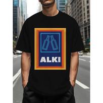Men's T-shirt for Summer,   ALKI  Wine Bottle Pattern Printed Short-sleeve, Casual, Comfortable and Versatile , Crew-neck , for Daily and Sports Wear L