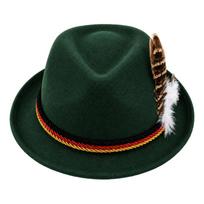 Veltinė Fedora skrybėlė su dekoratyviniu plunksna ir pintiniu juostelės apvadu Tradicinis stilius Tinka Oktoberfest ir teminiams renginiams Unisex dizainas One Size tamsiai žalia spalva