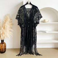 Vintage Lace Mesh Sunscreen Beach Cover Up Floral Tassel Bohemian Shawl Transparent Plus Size Swimsuit Cover Up Summer One Size juoda