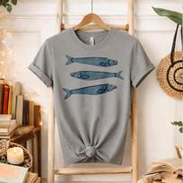Women Three Blue Sardine Fish Hand Drawn Graphic Short Sleeve T Shirt Vintage Ocean Fish Print Casual YK Daily Streetwear Tees 4XL gray
