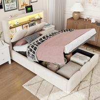 Upholstered bed 90x200, hydraulic storage function, headboard storage, soft velvet, petal design, single bed, USB and Type-C ports, LED, beige 224 x 97 x 109.5 cm smėlis
