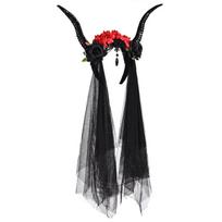 Gothic Sheep Horn Rose & Tulle Headband Devil Headpiece Headdress Fancy Headwear Cosplay Hair Accessories B black