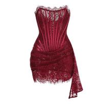 Seksualios Vestuvių Šventės Suknelės Moterims Elegantiškos Nėriniai Aukštas Juosmuo Tvarstis Kūno Formą Pabrėžianti Mini Suknelė Be Petnešėlių Lieknas Korsetas Vakarinė Suknelė XS bordinė