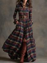 Women's Dark Green Plaid Button-Down Long Sleeve Midi Shirt Dress L