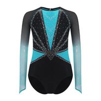 Merginų gimnastikos šokio pasirodymo kostiumas Tinklelis Ilgos rankovės Atvira nugara Blizgūs cirkonio akmenukai Spalvų blokų triko 13-14 Years šviesiai mėlyna spalva