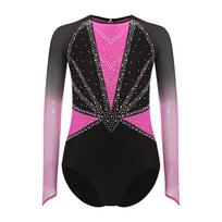 Merginų gimnastikos šokio pasirodymo kostiumas Tinklelis Ilgos rankovės Atvira nugara Blizgūs cirkonio akmenukai Spalvų blokų triko 15-16 Years karšta rožinė spalva