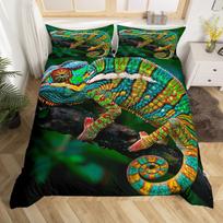 Chameleono antklodės užvalkalų komplektai paaugliams Karalienės Karaliaus dydžio Lengvas pūkinės antklodės užvalkalų komplektas Gyvūnų raštas Miegamojo dekoras Be antklodės EU Single(135*200cm)3pcs