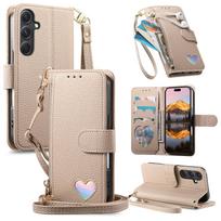 Samsung Galaxy A57 A56 5G A54 A53 A52 A51 A71 4G A50 A30S piniginės dėklas - Užtraukiama piniginė su 3 kortelių lizdais, stoveliu ir riešo dirželiu For Galaxy A57 chaki