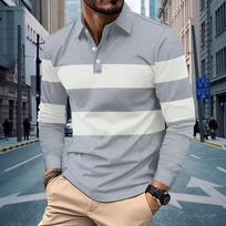 Vyriški juodai balti dryžuoti ilgomis rankovėmis polo marškinėliai su apykakle ir sagomis, laisvalaikio, slim fit, kasdieniai viršutiniai drabužiai vyrams 3XL pilka