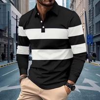 Vyriški juodai balti dryžuoti ilgomis rankovėmis polo marškinėliai su apykakle ir sagomis, laisvalaikio, slim fit, kasdieniai viršutiniai drabužiai vyrams 3XL juoda