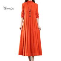 Winter Sweater Pleated Midi Dress Women Fall Knitted A-line Loose Hem Solid Color High Collar Autumn Neck Protection Thick Warm Long Sleeve red